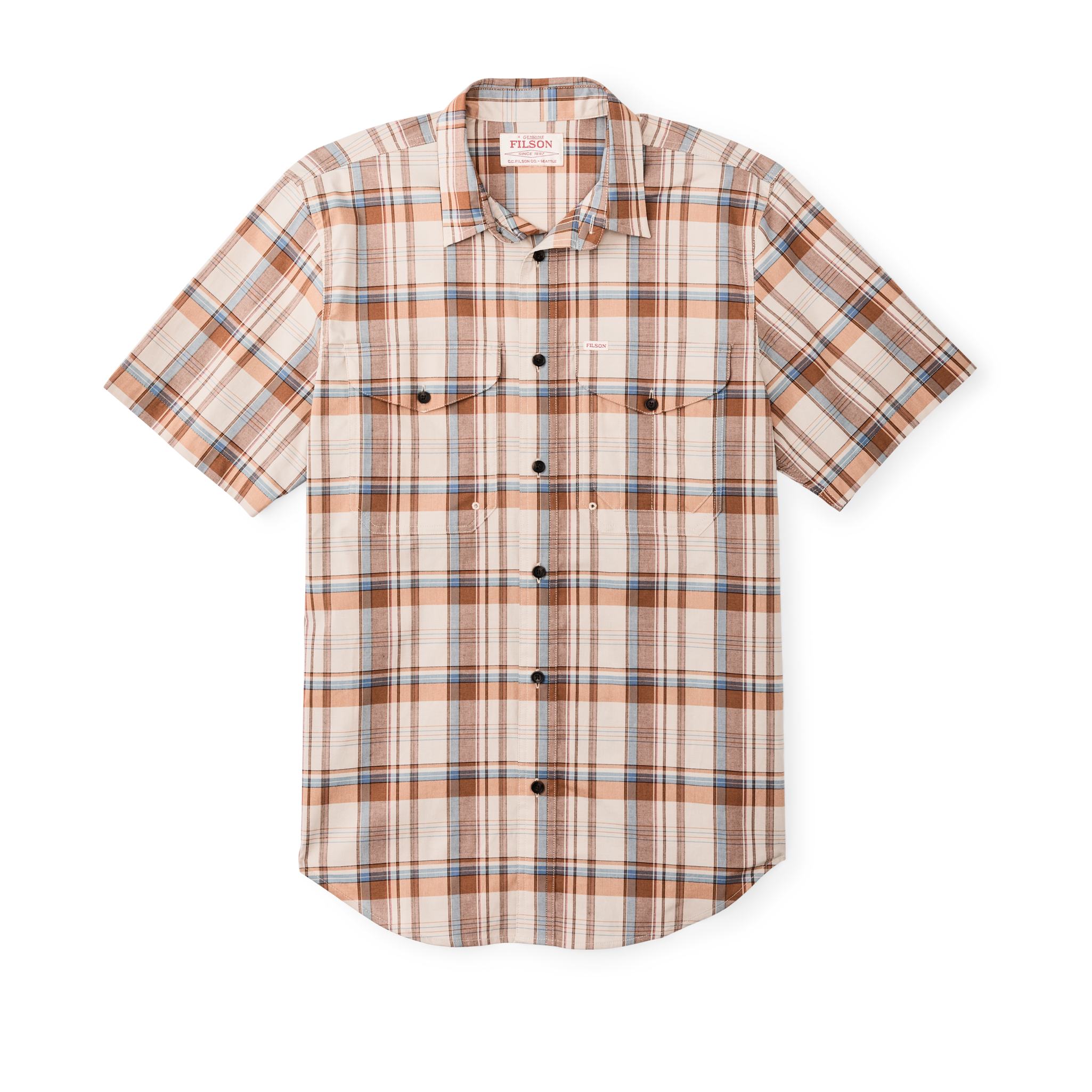 Twin Lakes Short Sleeve Sport Shirt - Beige / Rust Plaid