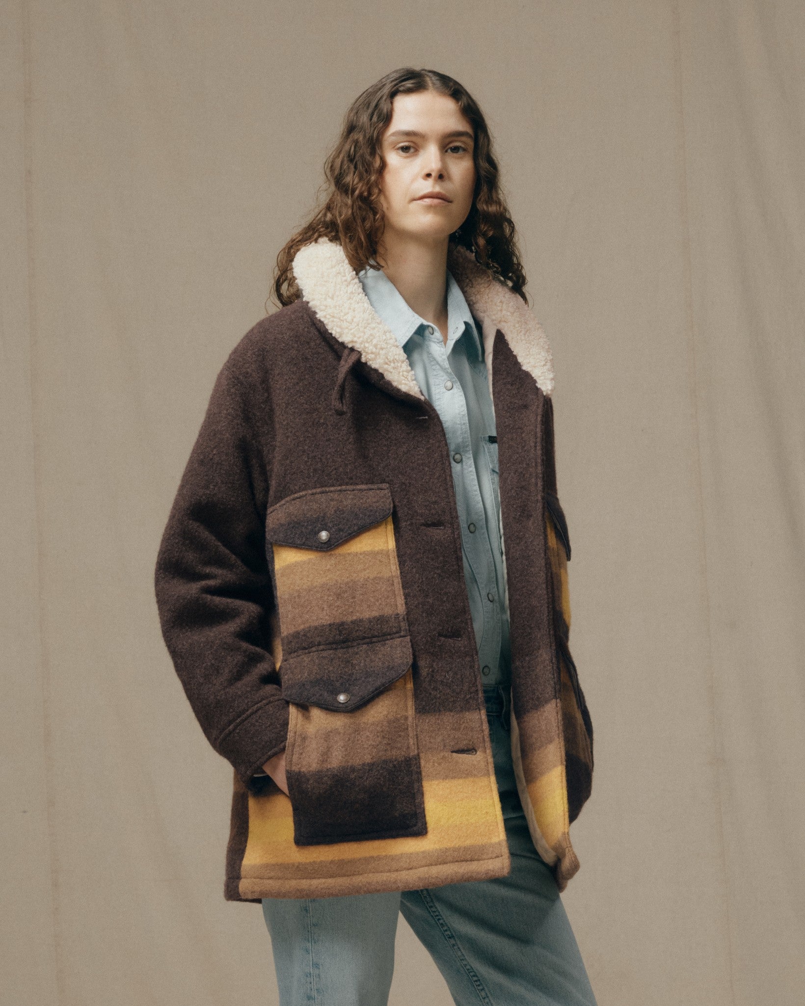 Women's Kodiak Shawl Collar Coat - Brown / Yellow Stripe