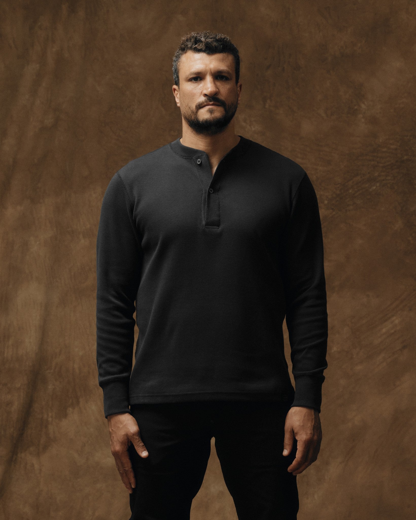 Waffle Knit Henley - Faded Black