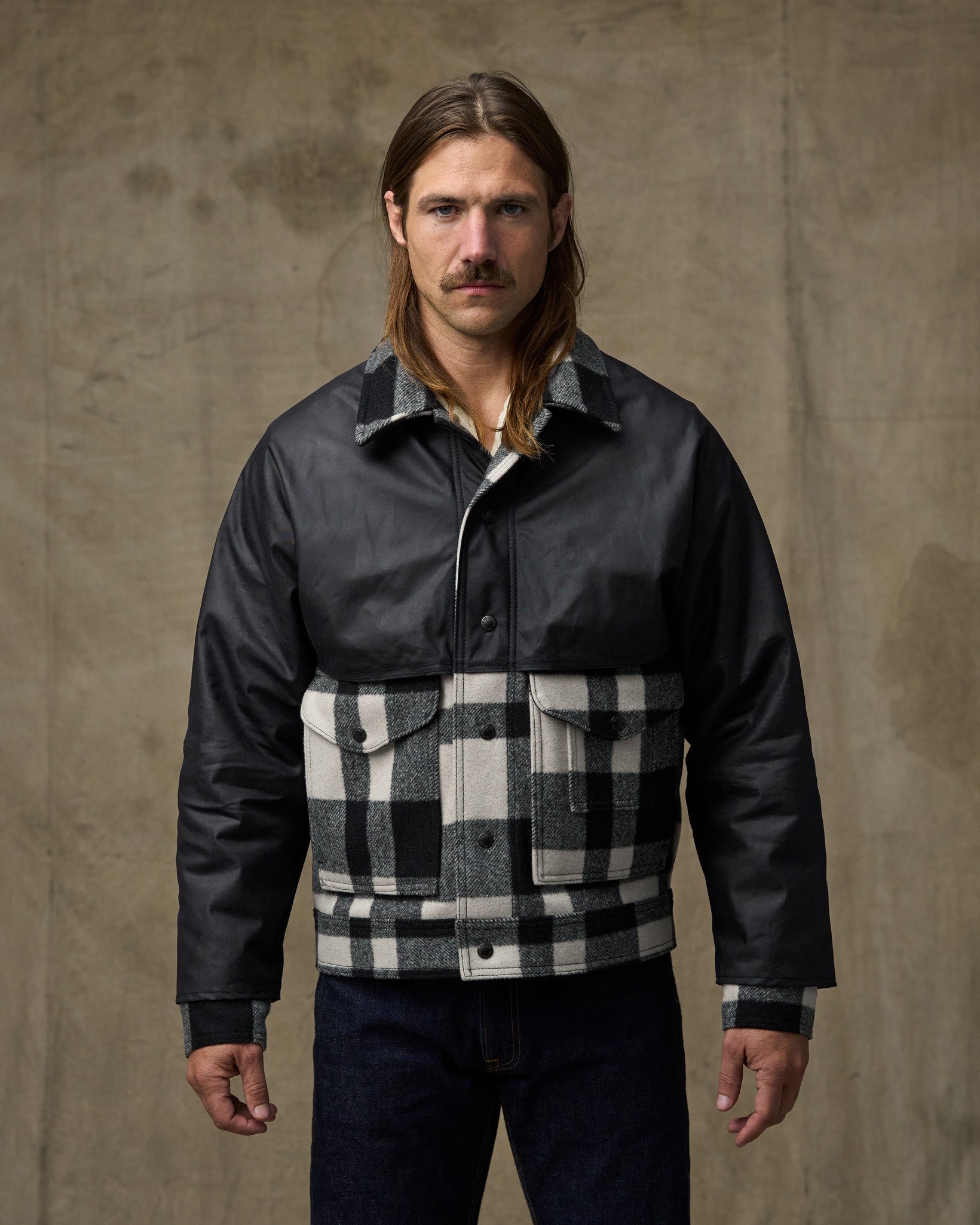 Mackinaw Wool Caped Jacket - Natural Black Plaid Navy